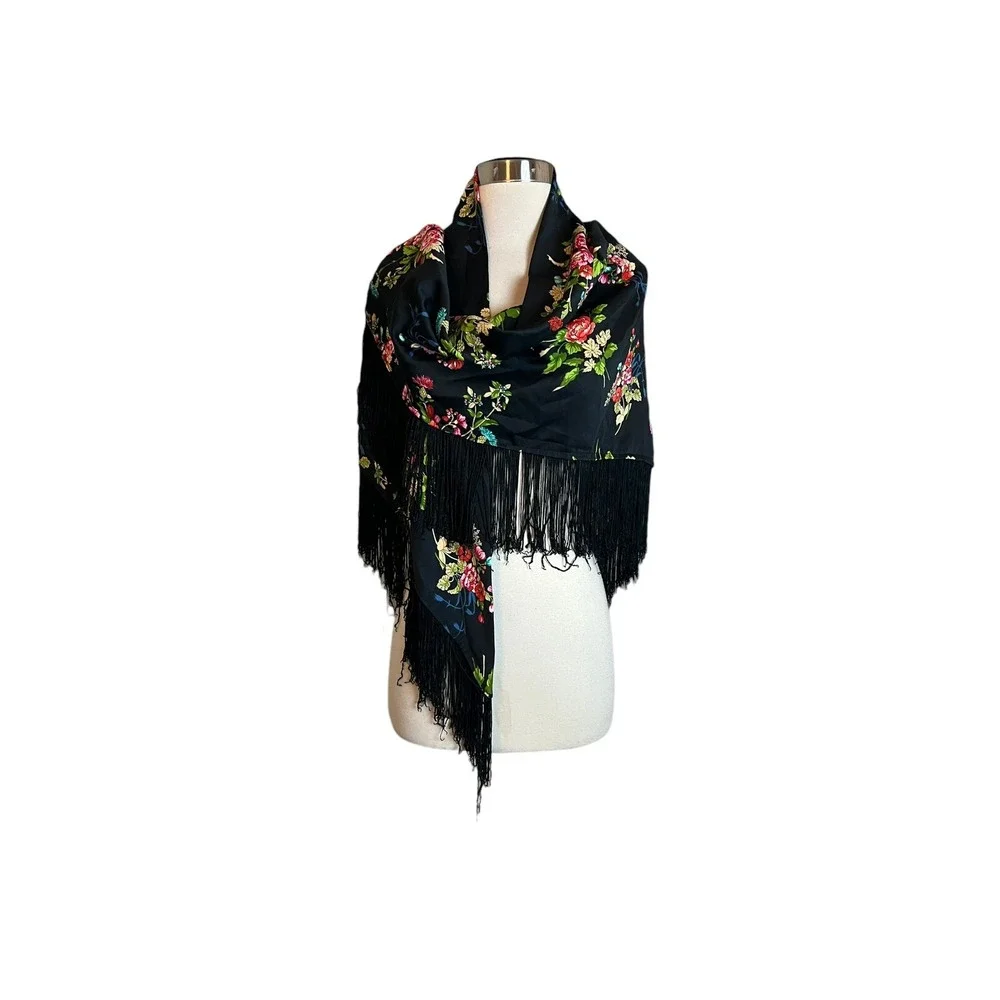 Black Women's Floral Shawl Satin With Fringe Wedding Dressy